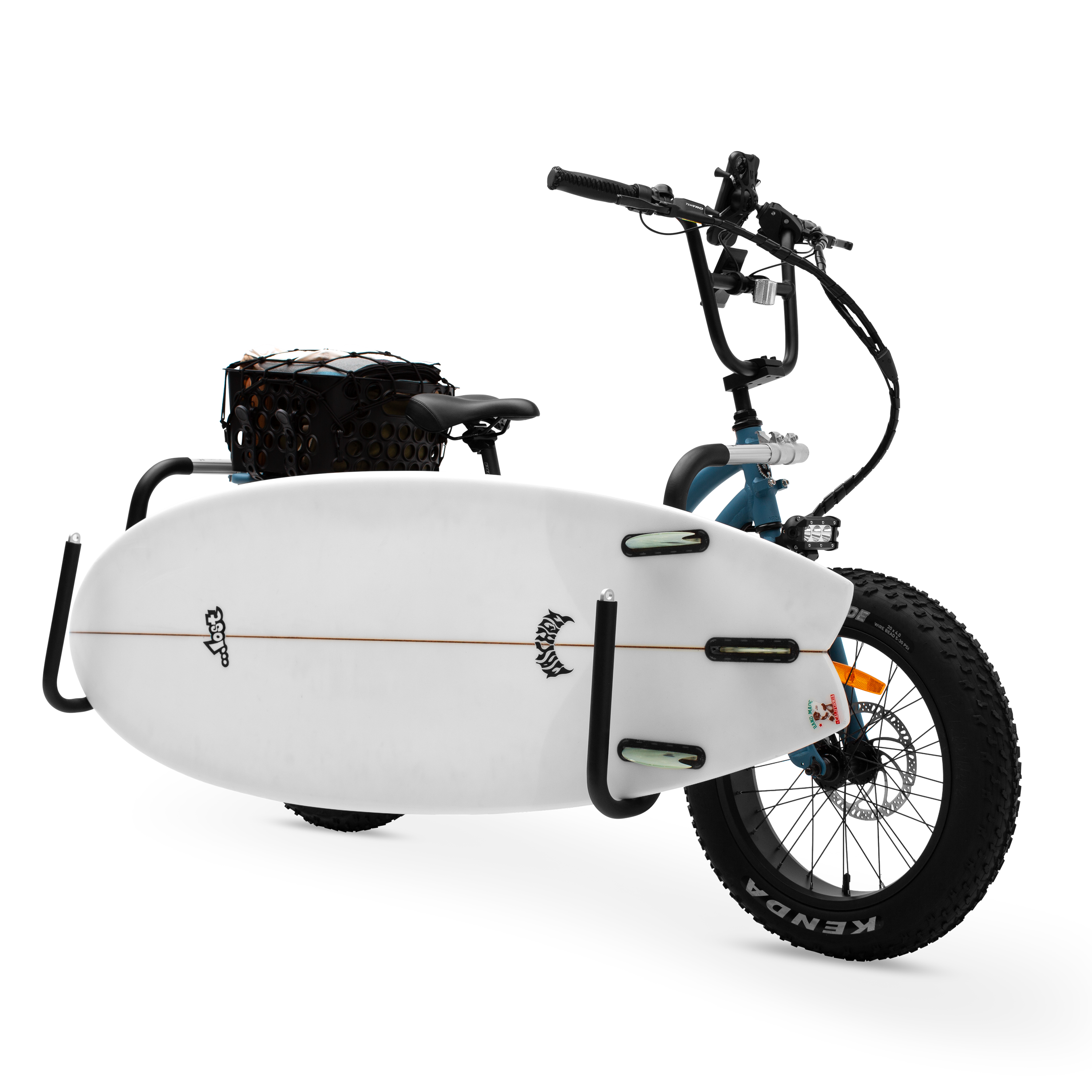 Two riders on The Higgs Step-Thru electric bike, beachside